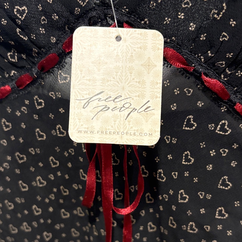 Free People Black Heart-Print Slip with Red Ribbon Detail